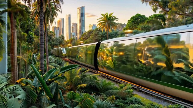 A futuristic train is traveling through a jungle with a city in the background.The train is green and has a reflective surface