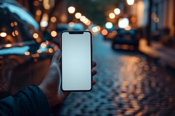  A close-up shot of a person holding a smartphone with a blank white screen in their hand, set against the backdrop of a dimly lit city street at night. 