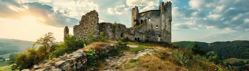 Fototapeta premium exploration, journey, discovery, abandoned castle, historical secrets, eerie