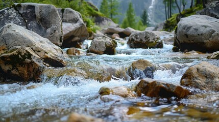 A rapid mountain stream flowing with force over boulders and framed by a forest backdrop, capturing a dynamic and invigorating natural scene that evokes adventurous feelings.