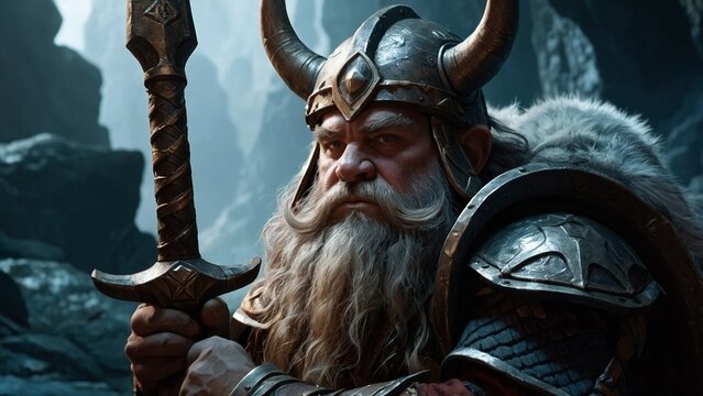 A close-up portrait of a bearded dwarf warrior wearing horned helmet and armor standing in a dungeon cave with weapon in his hands. Mythical fairytale fantasy character illustration concept wallpaper.