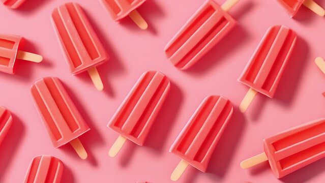 Fruit flavor frozen dessert on stick, popsicle pattern on peach colored background, summer holidays	