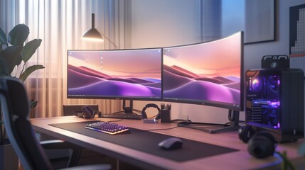 A modern home office with a large desk featuring two curved monitors, a keyboard, mouse, and a gaming PC tower.