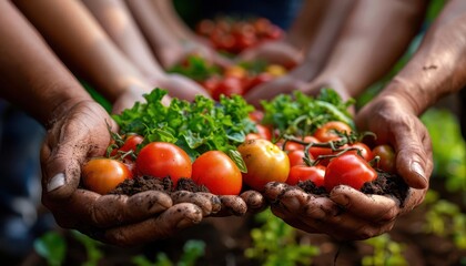 Community garden volunteers sharing harvest, showcasing social responsibility and collective effort