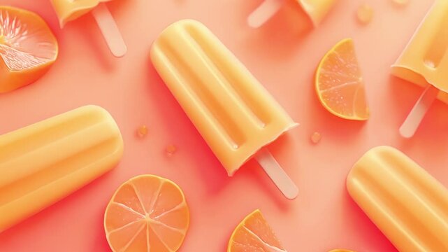 Fruit flavor frozen dessert on stick, popsicle pattern on peach colored background, summer holidays	