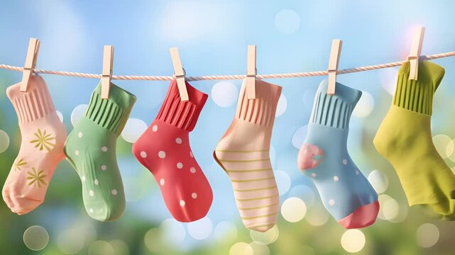 Socks clothesline with clothespins, cotton and wool socks on rope, Socks hanging on laundry line with pins, Children socks, colorful clothes on clothesline	