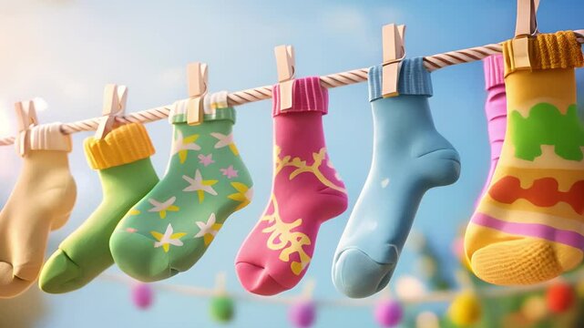 Socks clothesline with clothespins, cotton and wool socks on rope, Socks hanging on laundry line with pins, Children socks, colorful clothes on clothesline	
