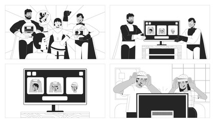 Choosing arts and knitted hats black and white line illustration set. Diverse adults with head clothing 2D characters monochrome background. Lifestyle outline scene vector image collection