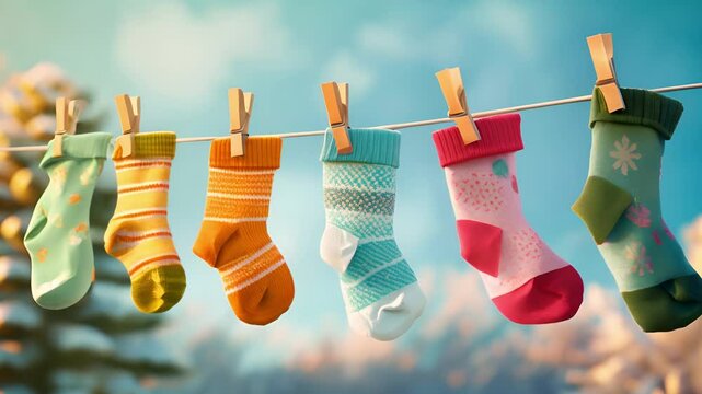 Socks clothesline with clothespins, cotton and wool socks on rope, Socks hanging on laundry line with pins, Children socks, colorful clothes on clothesline	