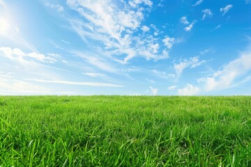 Lawn. Fresh Green Grass Field Under Blue Sky, Nature Landscape Concept