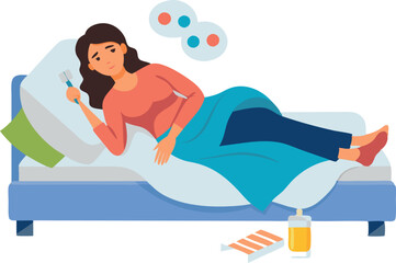 Obraz premium Sick Woman In Bed With Thermometer And Medication