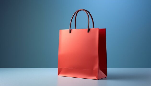 Red shopping bag with empty space, blue studio background - Powered by Adobe