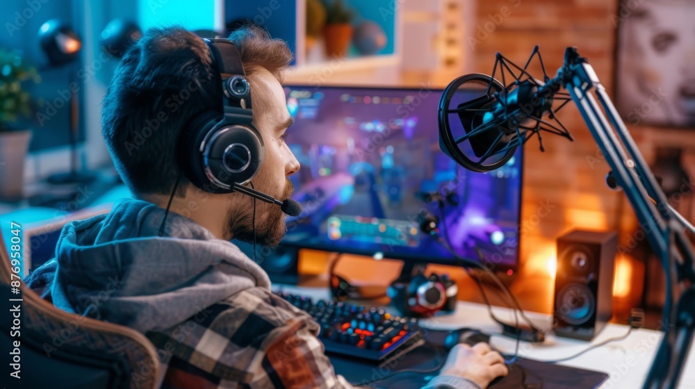 Poster A gamer wearing a headset and playing a video game at a computer desk with a microphone set up.