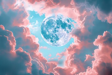 An enchanting moon framed by clouds in shades of pink and blue, with incredible detail and an ethereal fantasy anime style.