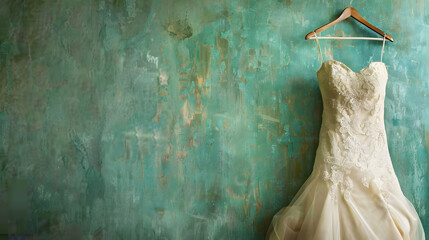 A vintage wedding gown waiting to be worn, with copy space