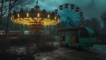 The carousel in abandoned carnival at night, Amusement park	