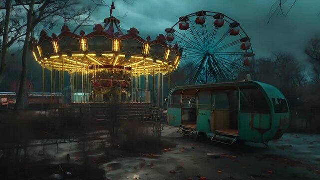 The carousel in abandoned carnival at night, Amusement park	