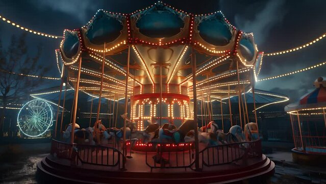 The carousel in abandoned carnival at night, Amusement park	