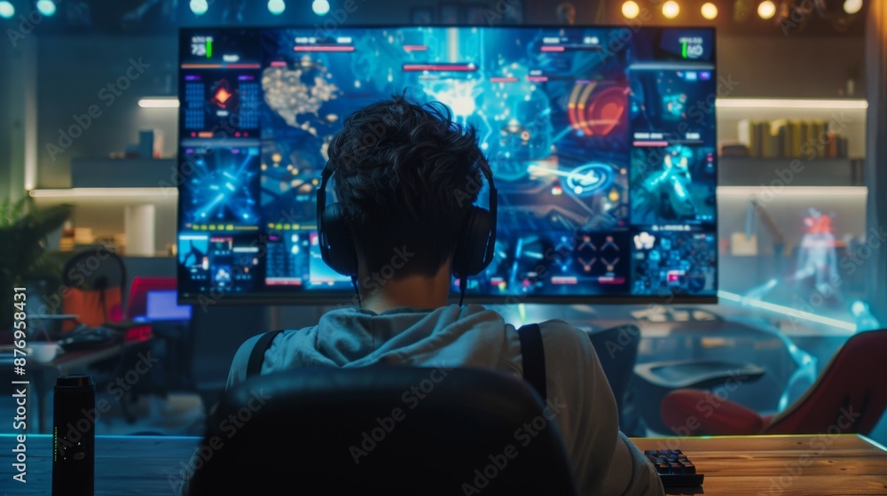 Poster a gamer sits in a dimly lit room wearing headphones, engrossed in a strategy game displayed on a lar