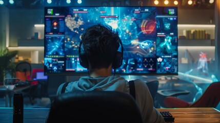 Naklejka premium A gamer sits in a dimly lit room wearing headphones, engrossed in a strategy game displayed on a large monitor.