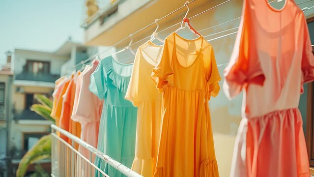 Row of colorful clothes drying outside, An assortment of vibrant dresses and shirts, Urban balcony on background	