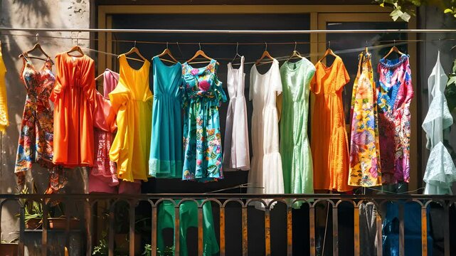 Row of colorful clothes drying outside, An assortment of vibrant dresses and shirts, Urban balcony on background	