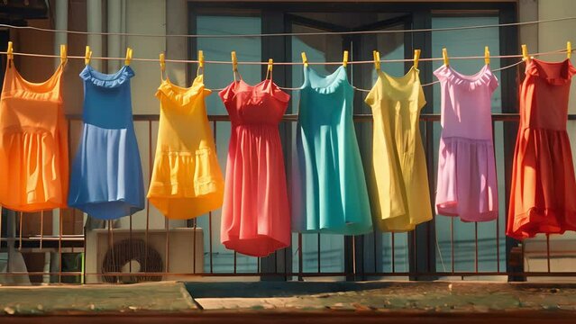 Row of colorful clothes drying outside, An assortment of vibrant dresses and shirts, Urban balcony on background	