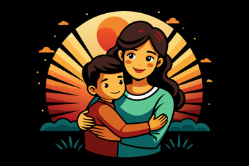 Mom and son are hugging and spread happiness in the sunrise T-shirt design. vector art illustration