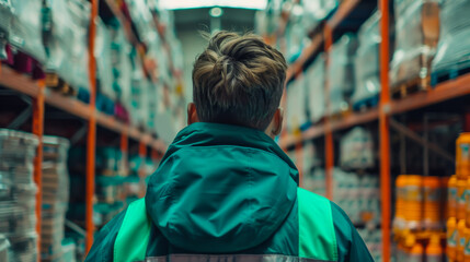 Fototapeta premium Portrait of a young man working as a logistician in a warehouse in a turquoise uniform. A warehouse employee looks at the camera while standing indoors. Concept of industry, logistics.