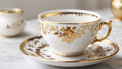 Fototapeta premium A white teacup and saucer with gold trim, filled with tea. There are two other teacups in the background and white roses in the foreground.