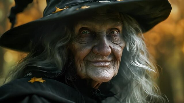 Old and scary witch with a big hat, old witch in a black dress and a magic hat. Halloween	