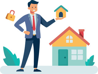 Real Estate Agent Holding House Key in Front of Home