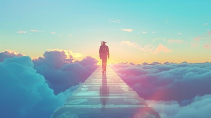 Fototapeta premium A man on bridge with clouds Education success and career achievement concept cloudy sky background
