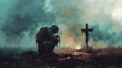 Obraz premium An emotional scene of a soldier's silhouette overlaid with the silhouette of a battlefield cross adorned with a helmet, rifle with boots