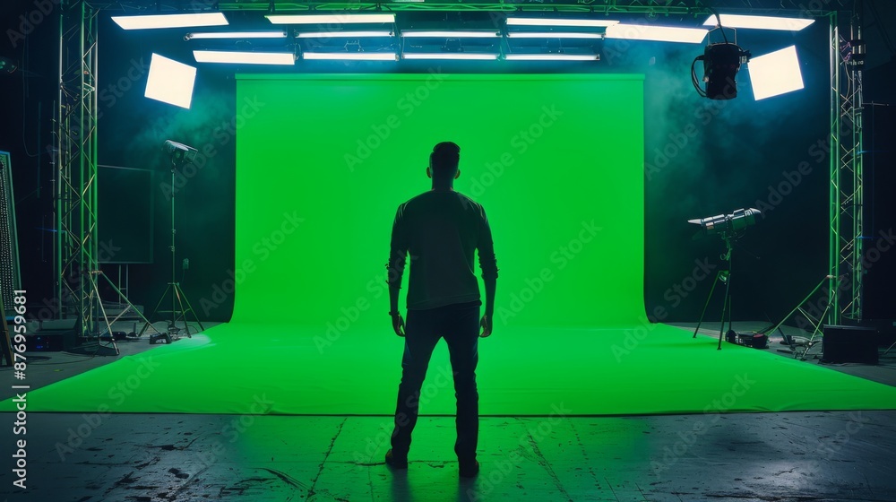 Poster A man stands in front of a green screen in a studio setting. The room is dimly lit with several lights illuminating the scene.