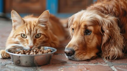 Pets dog and cat friends sitting on floor and eating food
