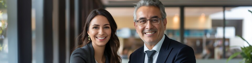 Fototapeta premium In a professional office setting, a confident and attractive team demonstrates effective communication and partnership during a business meeting.