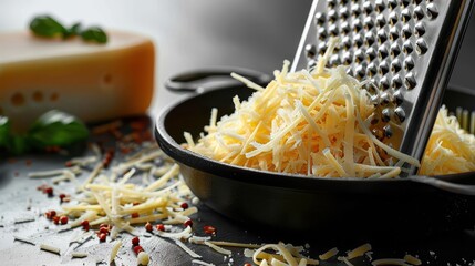 A close-up of shredded cheese on a metal grater inside a black pan, surrounded by scattered spices, capturing the detailed texture and inviting nature of fresh cooking ingredients.