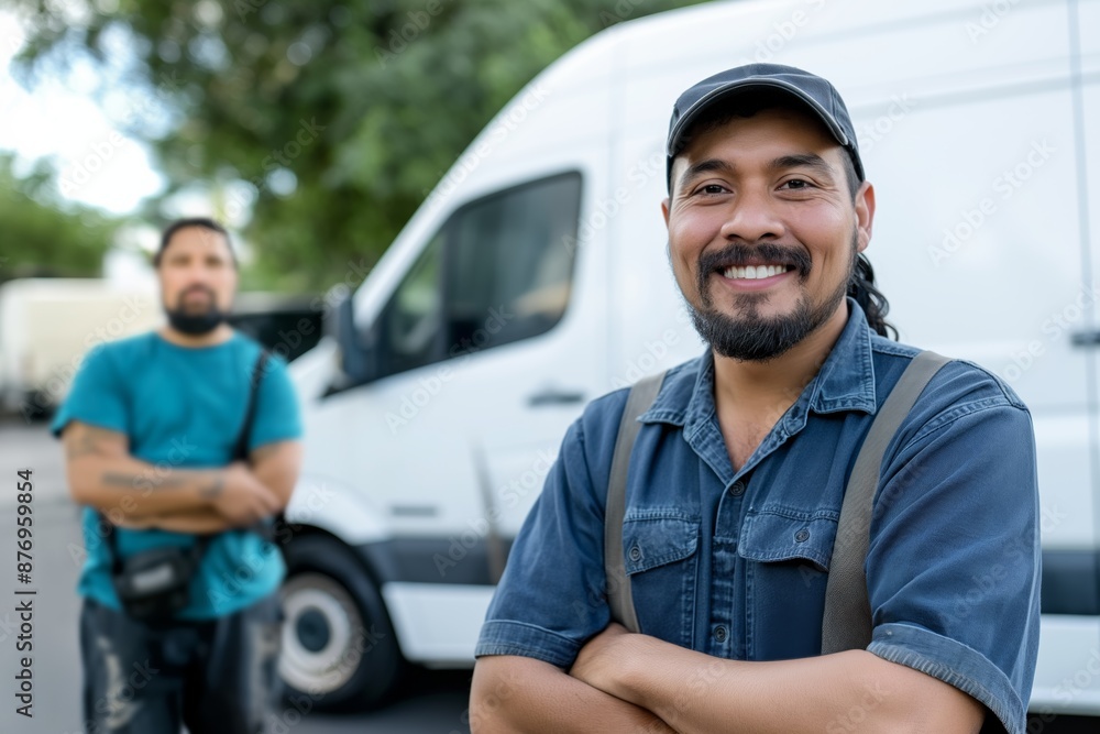 Poster a smiling worker in uniform, confidently carrying out delivery tasks with a professional approach, s