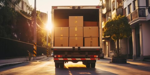 A professional delivering by a truck, transporting cardboard boxes for shipping and logistics.