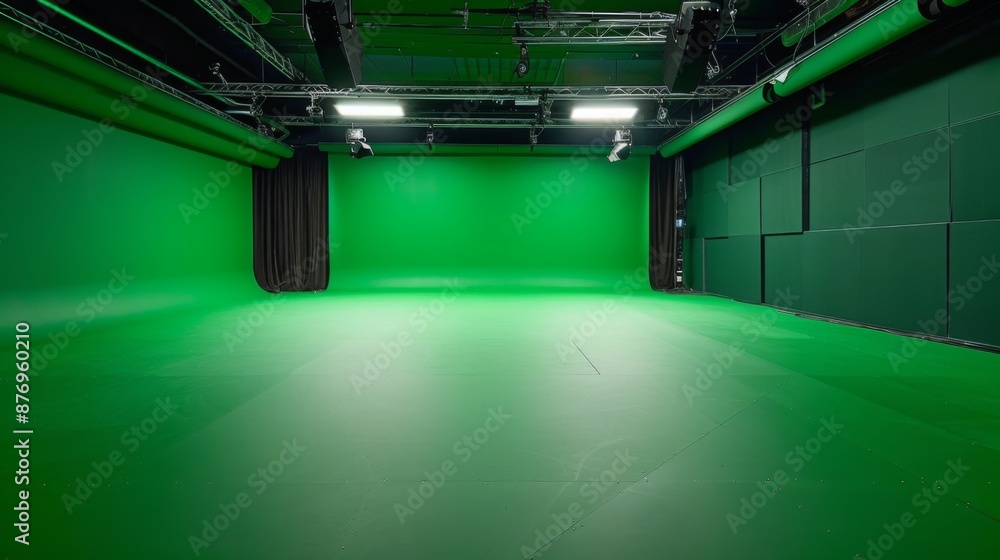 Poster a green screen studio with overhead lighting and black curtains on either side.