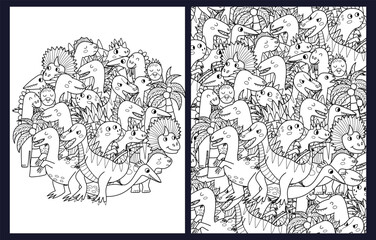 Doodle dinosaurs coloring pages collection. Black and white templates set with cute dino characters. Outline background. Vector illustration © juliyas