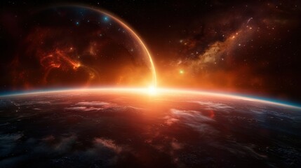 Fototapeta premium Stunning Cosmic Sunrise Over Alien Planet with Glowing Nebula and Stars in Deep Space