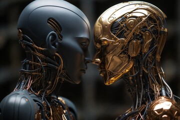 Romantic portrait of a two cyber girls, on dark abstract background