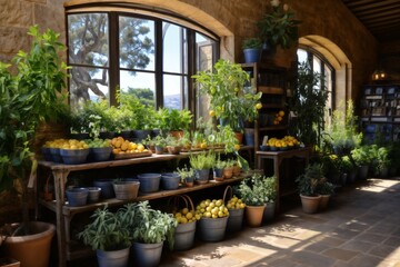 Fototapeta premium a counter with vegetables and herbs in a vintage interior, view the beautiful summer landscape outside the window