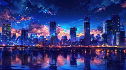 A captivating high-resolution image of a city night scene in anime style, with skyscrapers and buildings lit up with various colors. The reflection of the city lights in a nearby river adds to the