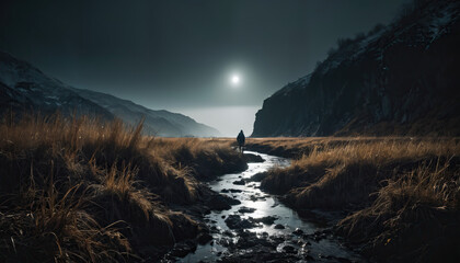 Obraz premium Marsh Lost in Cloudy Winter: The Expeditioner's Quest Surrounded in Landslide