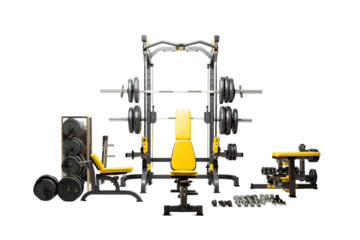 A Home Gym Power Rack Set With Yellow Accents for Strength Training on a White or Clear Surface PNG Transparent Background