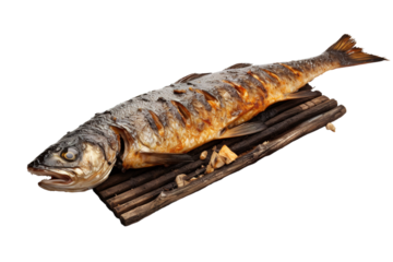 A Golden-Browned Fish Rests on a Rustic Wooden Board on a White or Clear Surface PNG Transparent Background