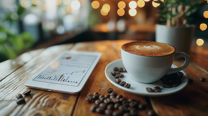 Tablet showing stock price graph in coffee place, financial trading, stock market success, relaxed setting